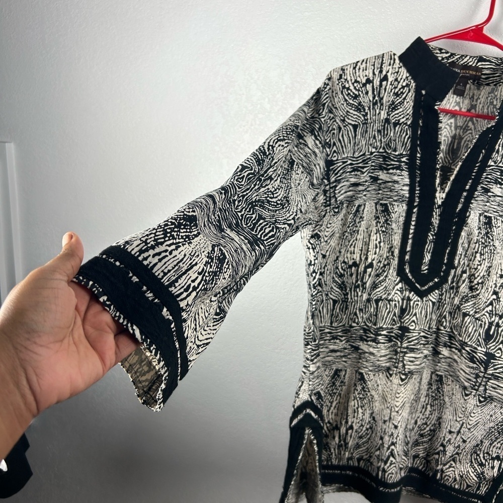 Dana Buchman Black Cream Patterned Tunic Sz L Career Chic Office Wear - Picture 5 of 7